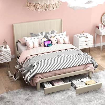 Ensemble de chambre à coucher Homy Casa 3 pièces - Lit plateforme rembourré avec 1 poufs de rangement pliables et table de chevet pliable réglable