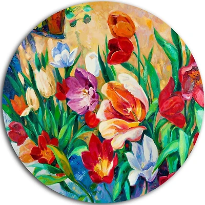 Design Art Bouquet of Colourful Flowers' Ultra Glossy Floral Metal Circle Wall Art
