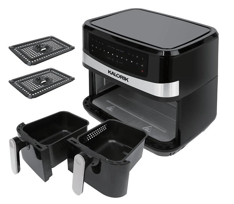 Kalorik 9.5L (10 Quart) Dual Basket Digital Air Fryer with Bonus Tongs & Silicone Pad FT 51924 BK