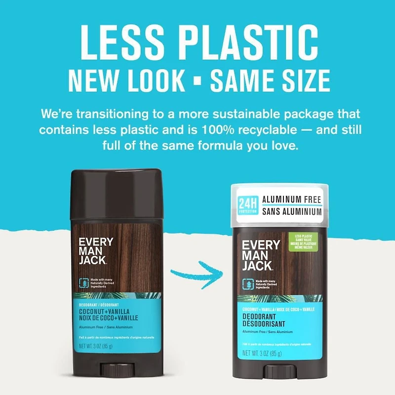 Every Man Jack Coconut + Vanilla Aluminum-Free, For All Skin Types, Long Lasting Men's Deodorant with Naturally Derived Ingredients 85G, EMJ Coco + Van Deo 85G