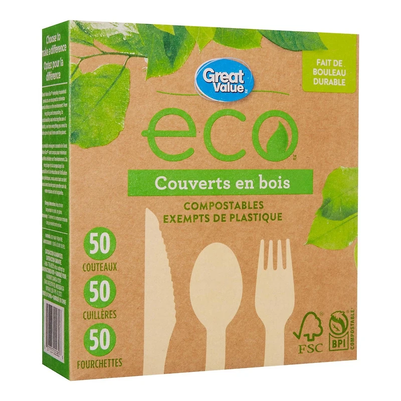 Great Value eco Wooden Cutlery, 150 Pieces