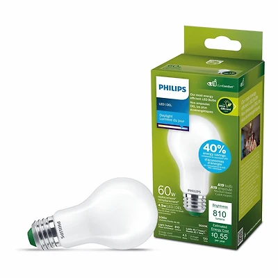 Philips Ultra Efficient LED Ampoule 60W A19 1PK Day light Frosted Non-Dimmable Base Medium Philips DEL 60W A19