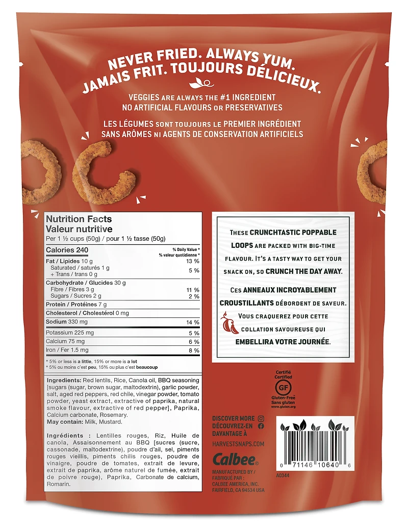 Harvest Snaps Crunchy Loops Kick'n Barbecue 71g Harvest Snaps Crunchy Loops Baked Red Lentil Snacks, Kick’N BBQ, Sans gluten