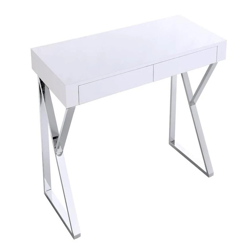 Bureau Beren en blanc, bureau blanc, bureau en MDF, bureau en placage de bois, pieds en acier inoxydable, bureau rectangulaire, pieds en acier inoxydable triangulaire, bureau