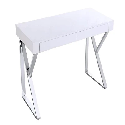 Bureau Beren en blanc, bureau blanc, bureau en MDF, bureau en placage de bois, pieds en acier inoxydable, bureau rectangulaire, pieds en acier inoxydable triangulaire, bureau