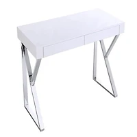 Bureau Beren en blanc, bureau blanc, bureau en MDF, bureau en placage de bois, pieds en acier inoxydable, bureau rectangulaire, pieds en acier inoxydable triangulaire, bureau