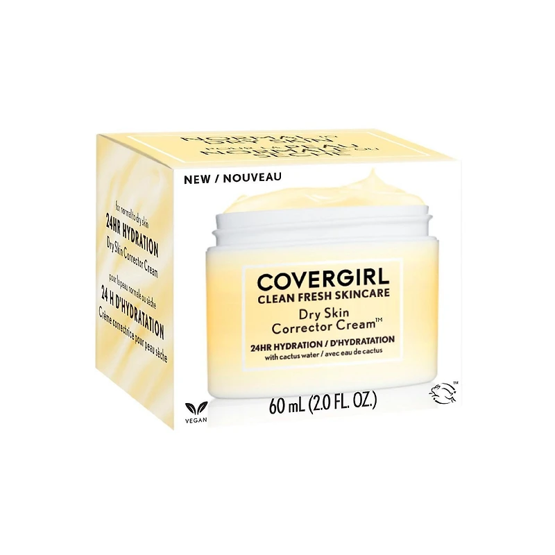 COVERGIRL Clean Fresh Skincare Dry Skin Corrector Cream, 60ml. Rich face moisturizer formulated with Cactus Water, Hyaluronic Acid, Jojoba & Shea Butter for 24HR Deep Hydration, Non-greasy, 100% Vegan, 60ML Cream