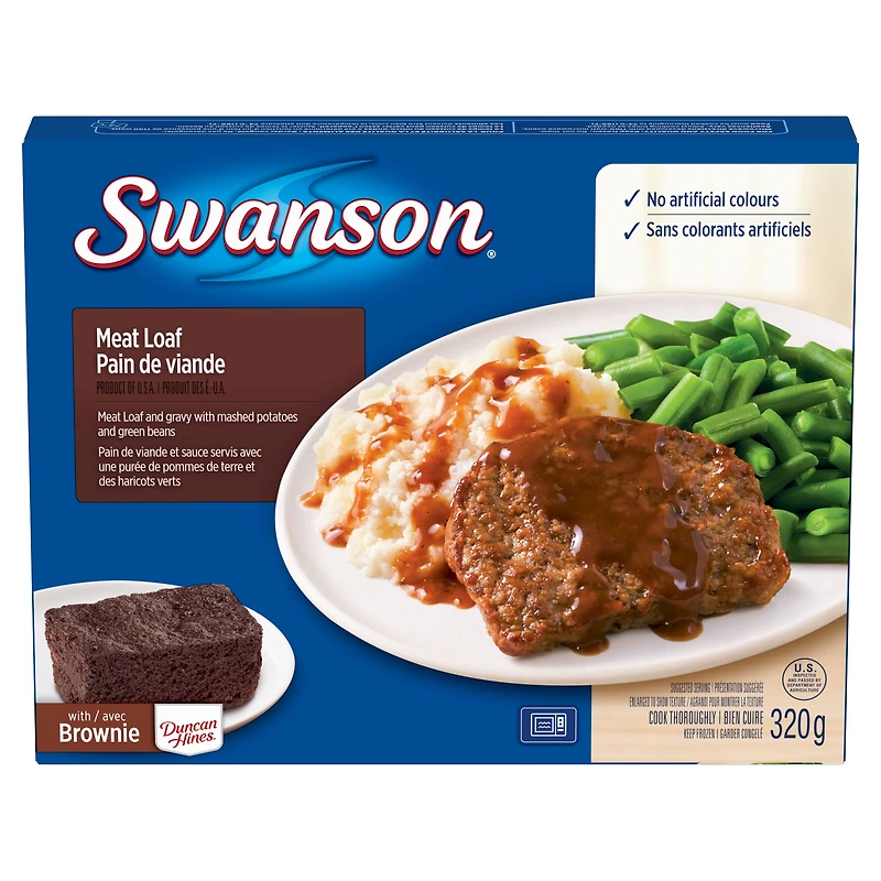 Pain de viande Swanson : un repas surgelé avec une purée de pommes de terre, des haricots verts et un brownie 320 g