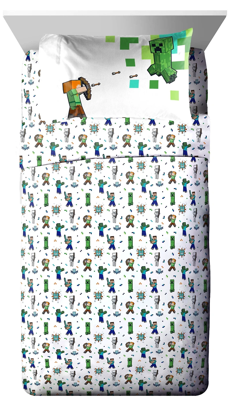 Minecraft Ensemble de Draps 4-Pièces pour Lit 2 Places, 100% Polyester Pour Lit 2 Places