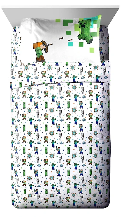 Minecraft Ensemble de Draps 4-Pièces pour Lit 2 Places, 100% Polyester Pour Lit 2 Places