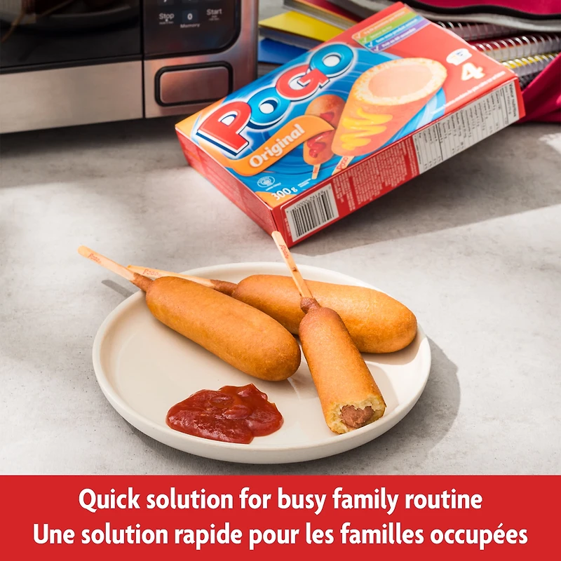 POGO® Saucisses Enrobées Originales, Saucisse Cuite Enrobée sur Bâtonnet, Boîte Surgelée, Paquet de 4 (300 g), Préparées au Québec, Source de Protéines, Source de Fer, Prêt en 60 Secondes Saucisses sur bâtonnet, 300g