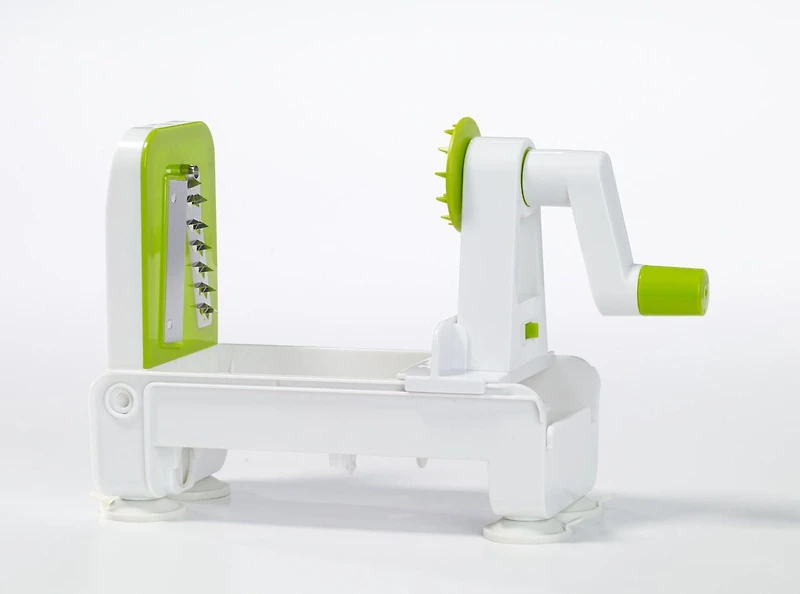 Starfrit Coupe-Spirales Repliable, 3 Lames Amovibles, Coupe-Légumes Compact, Base Antidérapante, Plateau Sécuritaire, Rangement Facile, Va au Lave-Vaisselle, Créez des Spirales Santé Facilement