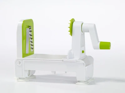 Starfrit Coupe-Spirales Repliable, 3 Lames Amovibles, Coupe-Légumes Compact, Base Antidérapante, Plateau Sécuritaire, Rangement Facile, Va au Lave-Vaisselle, Créez des Spirales Santé Facilement