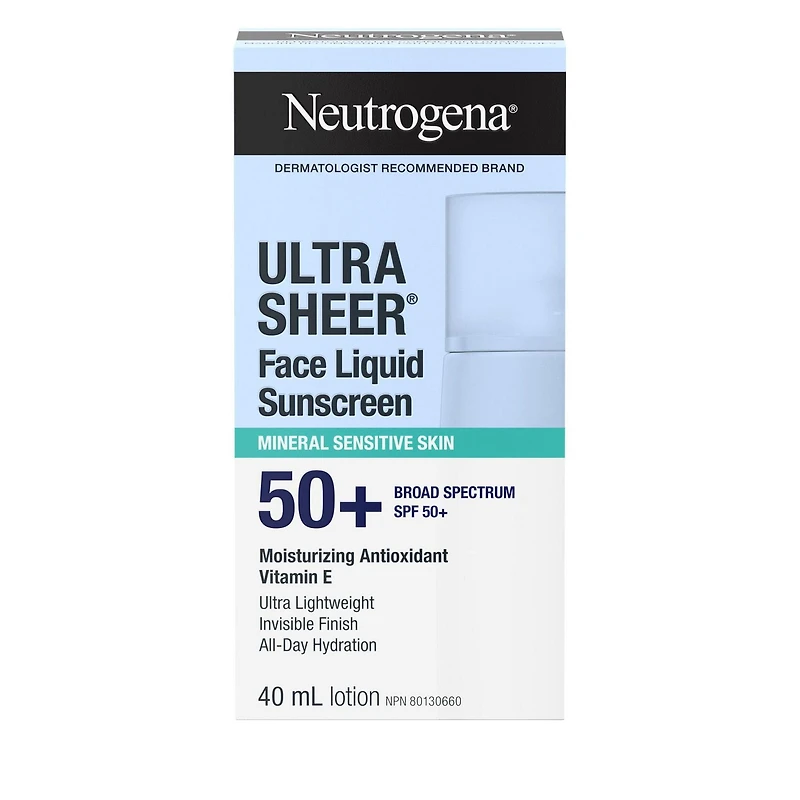 Écran solaire liquide Ultra Sheer Visage Neutrogena, léger, écran solaire pour le visage à large spectre FPS 50+ pour peaux sensibles, laisse un fini soyeux et non gras, sans oxybenzone 40 mL