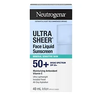 Écran solaire liquide Ultra Sheer Visage Neutrogena, léger, écran solaire pour le visage à large spectre FPS 50+ pour peaux sensibles, laisse un fini soyeux et non gras, sans oxybenzone 40 mL