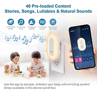 Le haut-parleur Bluetooth dispositif d’apprentissage du sommeil V-Hush Plug de VTech comprend un programme professionnel d'apprentissage du sommeil, une veilleuse colorée à une touche, des histoires p
