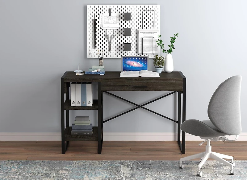 Safdie & Co. Computer Writing Desk 47.65in Long Dark Grey with 1 Drawer 2 Shelves and Black Metal for Home Office and Small Spaces. Ideal for writing, gaming, study, work from home.
