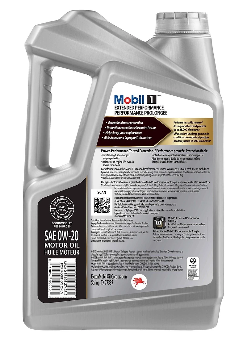 Huile moteur entièrement synthétique Mobil 1™ Performance prolongée 0W-20, 4,73 L