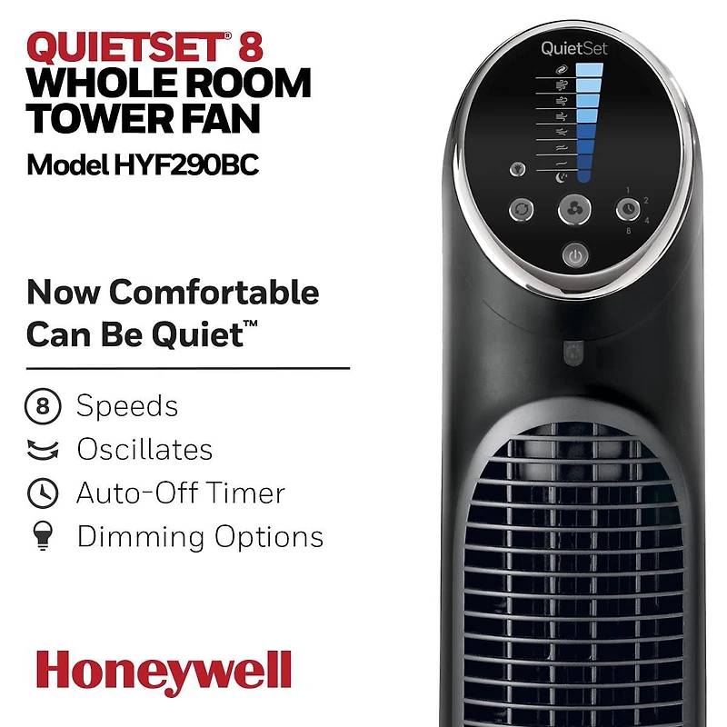 Ventilateur tour QuietSetMD HYF290BC Honeywell – Pièce entière, 40 po, 8 vitesses, Noir