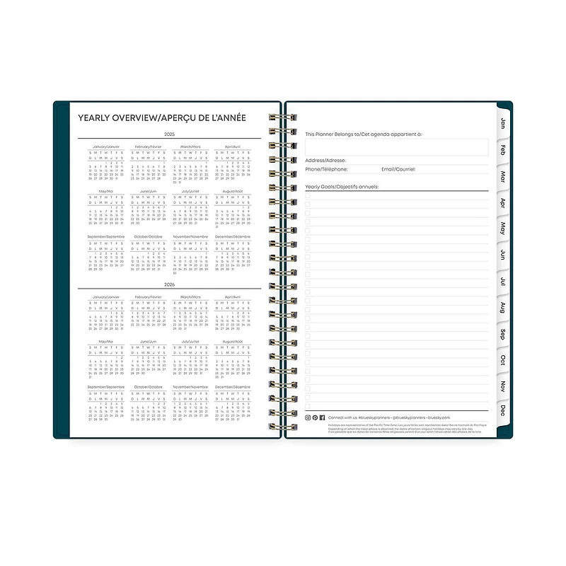 Agenda hebdomadaire/mensuel 2025, 5 po x 8 po, Blue Sky, bleu paon uni Agenda hebdomadaire/mensuel, format 5x8