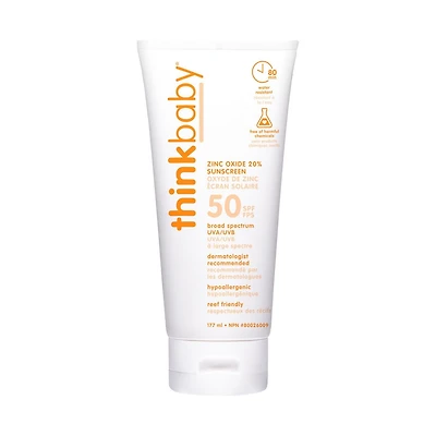 Thinkbaby Safe Sunscreen SPF 50+, 6oz, Mineral based sunscreen, 89ml