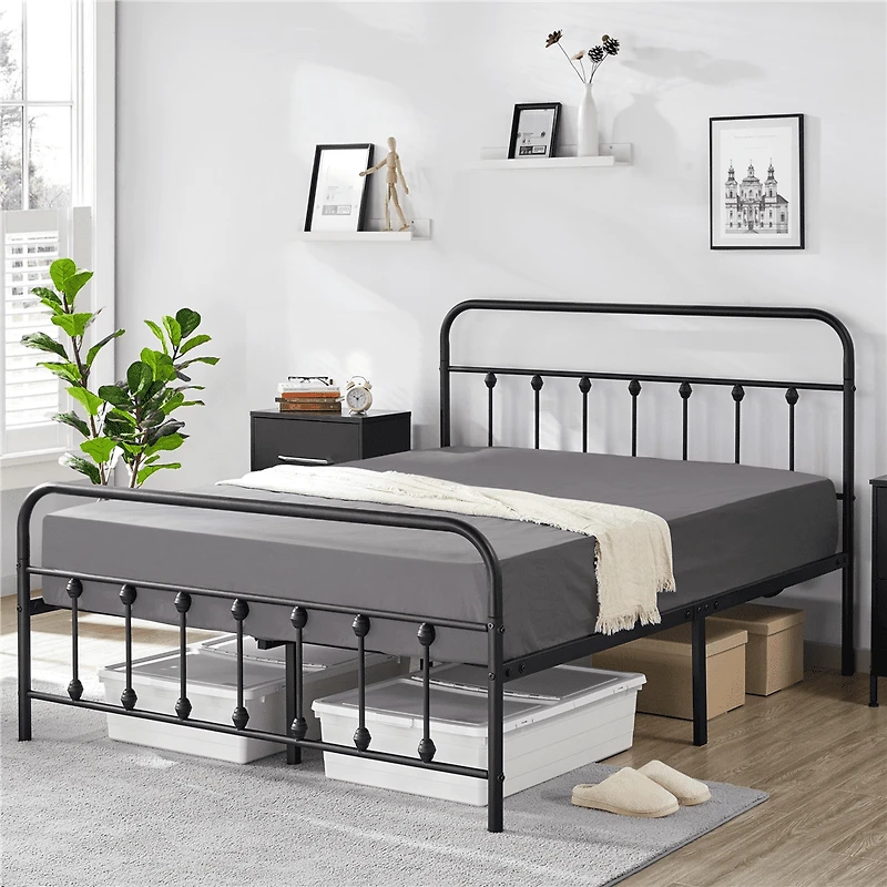 Fullfurnique Metal Platform Bed with High Headboard and Footboard, Queen, Black