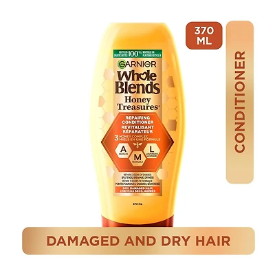 Garnier Whole Blends Honey Treasures Revitalisant Réparateur pour Cheveux Secs et Abîmés, 370ml