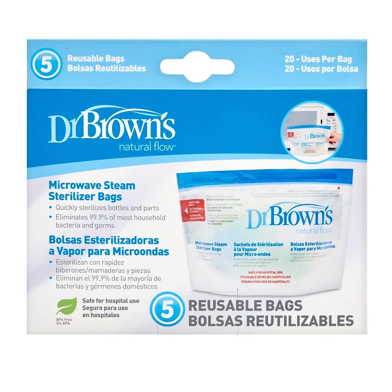 Dr. Brown's™ Microwave Steam Sterilizer Bags for Baby Bottles, Nipples, Bottle Parts, Pacifiers, Teethers and Breast Pump Parts - 5-Pack