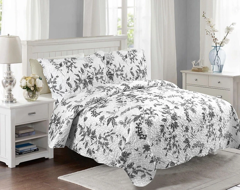 Marina Decoration Parure de lit ultra douce avec couvre-lit en tissu Pinsonic imprimé en relief et taies d'oreiller, motif branches florales de chrysanthème gris