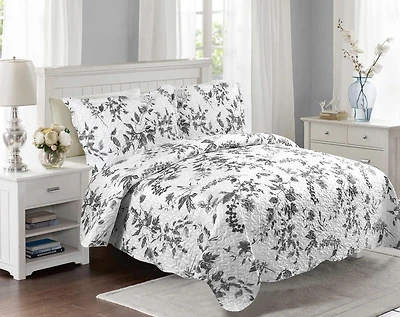Marina Decoration Parure de lit ultra douce avec couvre-lit en tissu Pinsonic imprimé en relief et taies d'oreiller, motif branches florales de chrysanthème gris