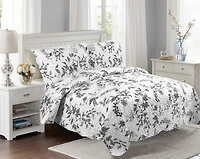 Marina Decoration Parure de lit ultra douce avec couvre-lit en tissu Pinsonic imprimé en relief et taies d'oreiller, motif branches florales de chrysanthème gris