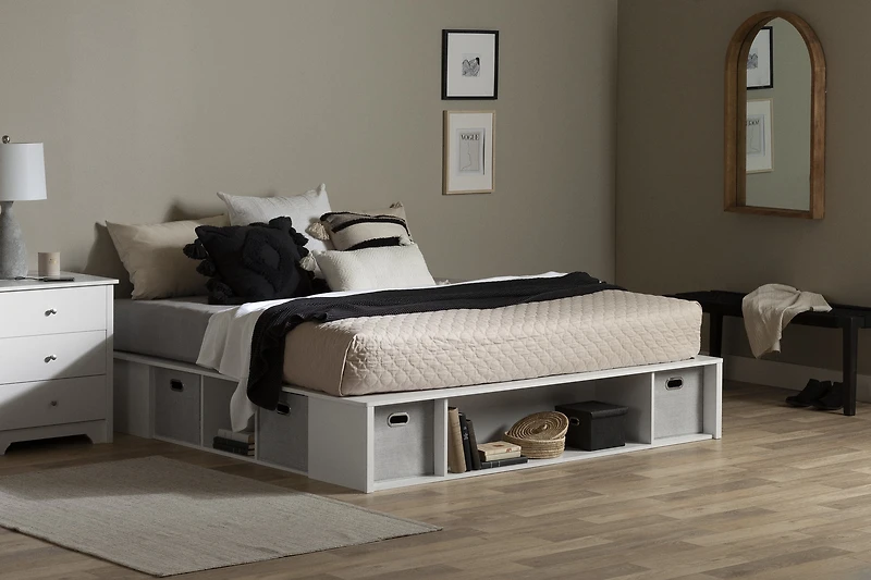 South Shore Flexible Queen Storage Platform Bed with Baskets, in Pure White