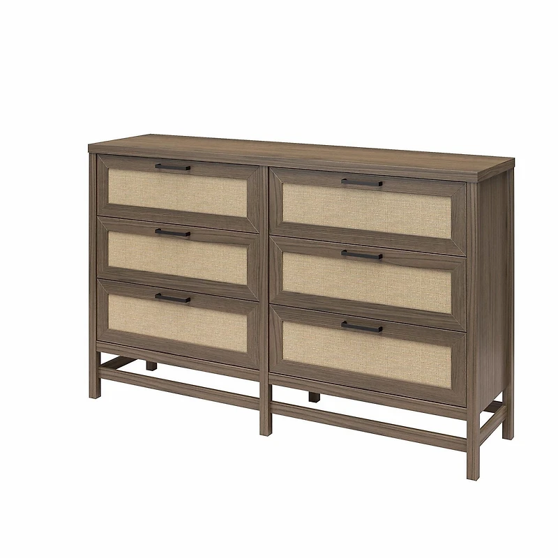 Lennon 6 Drawer Dresser, Medium Brown and Faux Rattan