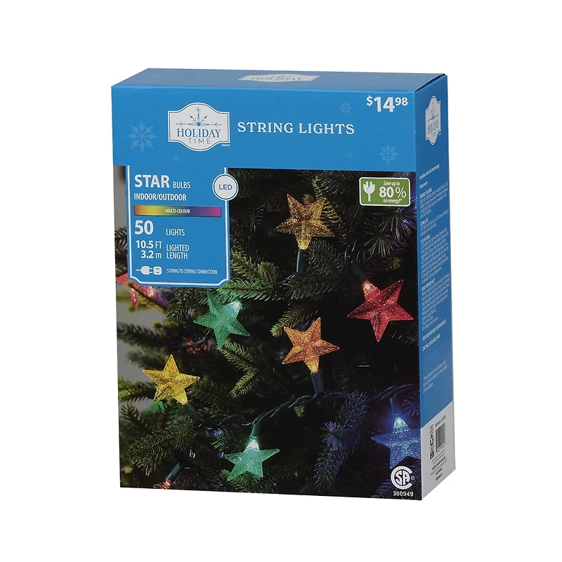 Holiday Time 50-Count Multicolor LED Star Christmas Lights, with Green Wire, 10.5', 3.5" (8.9 cm) bulb spacing