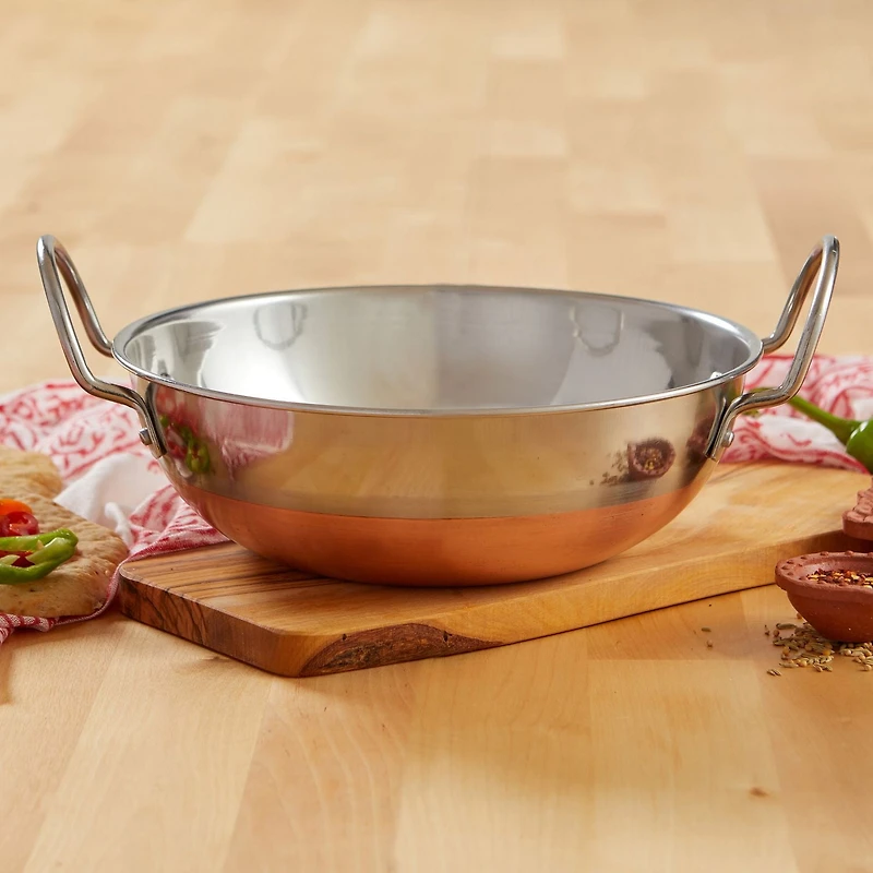 Imusa 9" Stainless Steel Kadhai With Copper Bottom And Stainless Steel Handles, 22.7x7.0cm