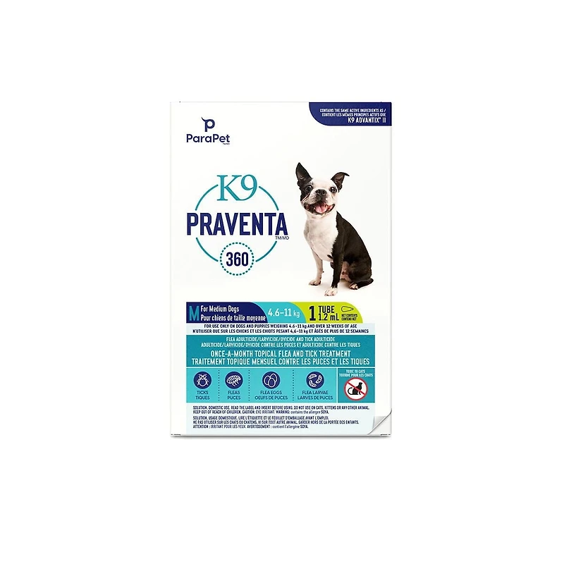 Parapet K9 Praventa 360™ Flea & Tick Treatment, For Medium Dogs from 4.6kg to 11kg, 1 Tube