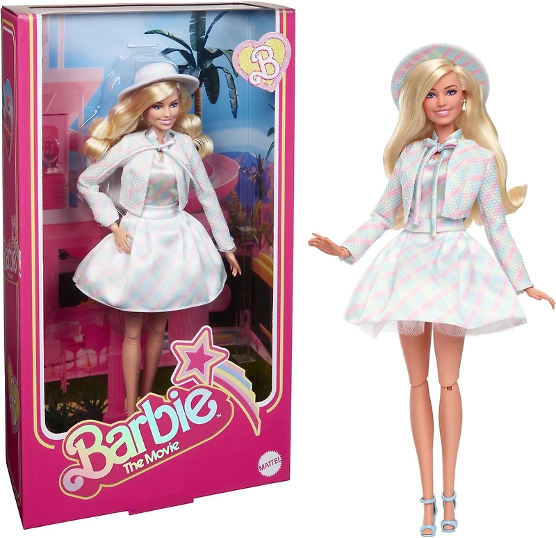 Poupée du film «Barbie», Margot Robbie dans le rôle de Barbie, poupée de collection vêtue d’une tenue à carreaux bleus avec chapeau et blouson assortis