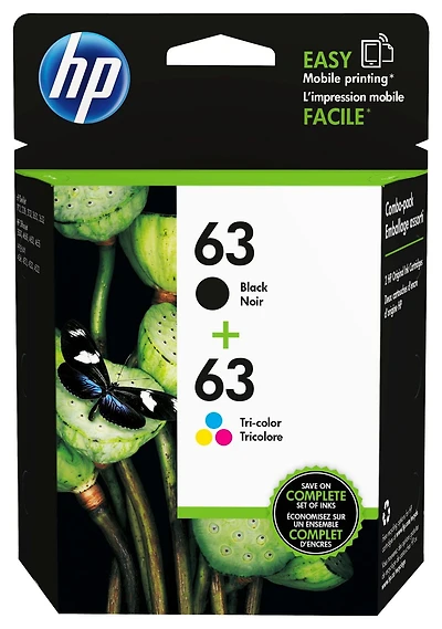 HP 63 Black & Tri-colour Original Ink Cartridges, 2-Pack (L0R46AN), Black