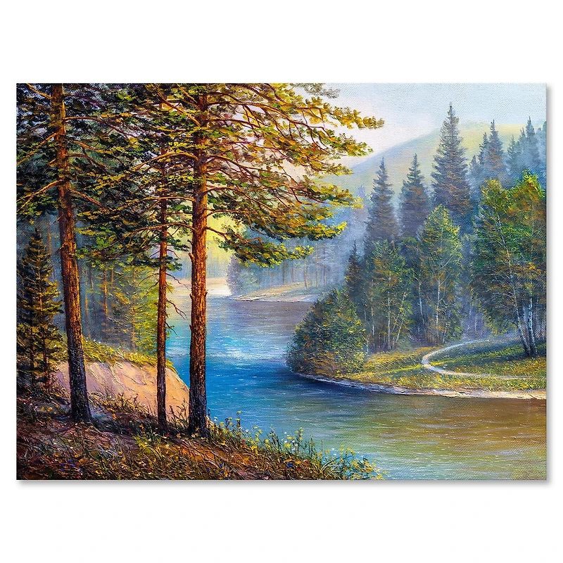 Designart Lumière du soleil du matin à travers la forêt de pins et de sapins Art mural sur toile