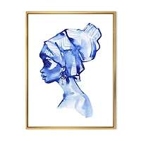 Designart Portrait de mode bleu de femme afro-américaine ART MURAL À CADRE FLOTTÉ