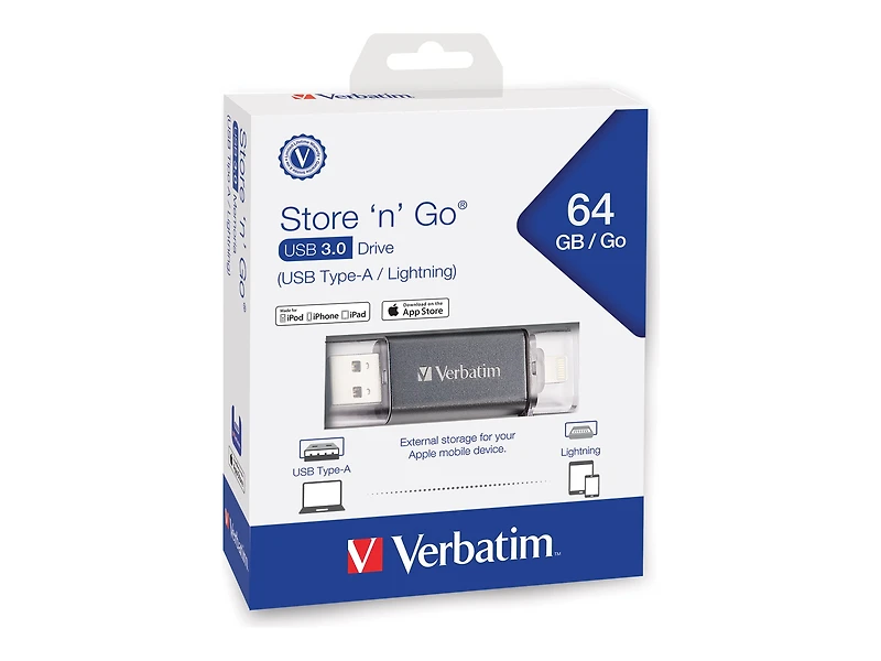 Verbatim Clé double USB 3.0 Store ‘n’ Go pour appareils Apple Lightning, 64 Go Graphite