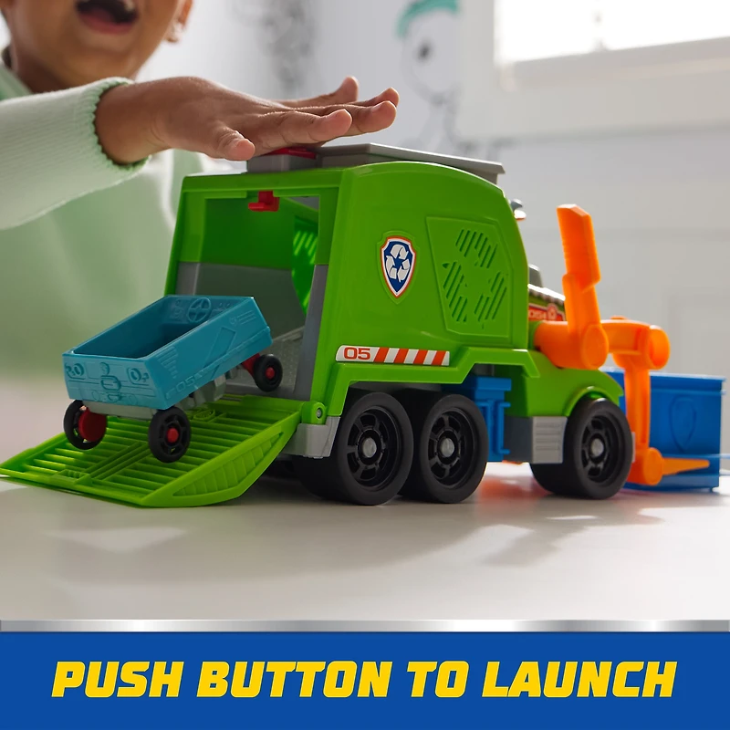 Pat'Patrouille : Camion de recyclage compacteur avec figurine Rocky et véhicule compacté transformable, jouets pour garçons et filles à partir de 3 ans PAW Rocky