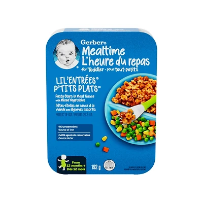 GERBER P’TITS PLATS Pâtes-étoiles en sauce à la viande avec légumes assortis, 12 mois et plus, repas pour tout-petits, maïs, carottes, pois, sans agents de conservation, source de fer 192g