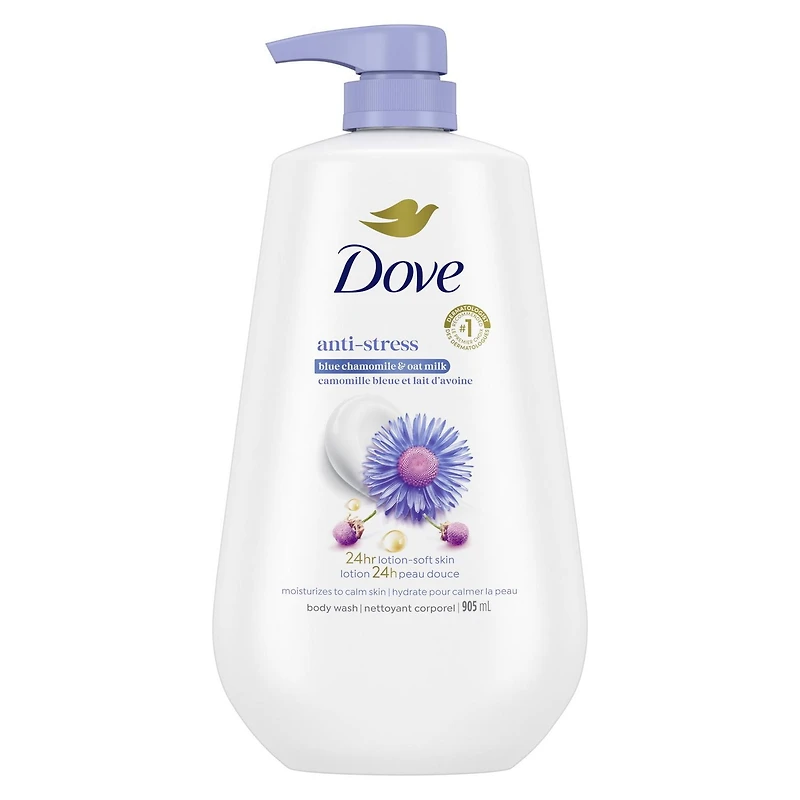 Dove Anti-Stress Nettoyant Corporel pour une peau douce comme une lotion pendant 24 heures, Blue Chamomile & Oat Milk à la camomille bleue et au lait d'avoine 383 g
