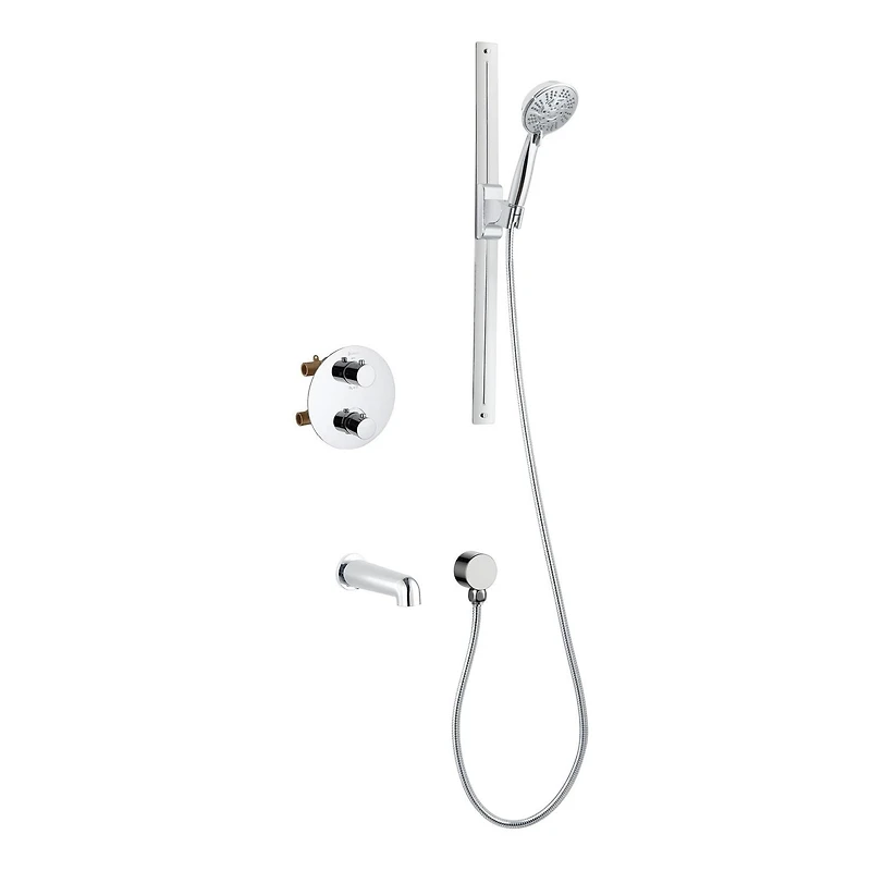 Round 3-functions thermostatic valve, handheld shower 10 settings, bath spout or simultaneously, chrome finish