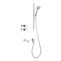 Round 3-functions thermostatic valve, handheld shower 10 settings, bath spout or simultaneously, chrome finish