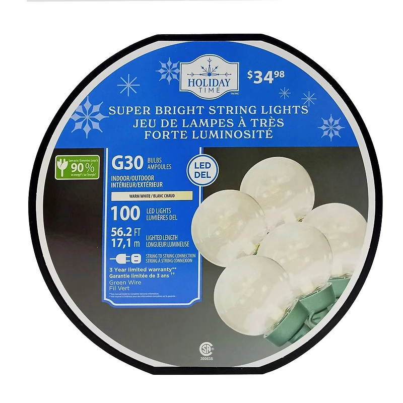 Holiday Time 100-Count Warm White LED Super Bright G30 Christmas Lights, with Green Wire, 56.2', 8"(20.3 cm) bulb spacing