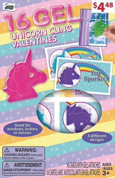 Mello Smello 16CT Unicorn Cling Gel Valentines Kiddie Cards