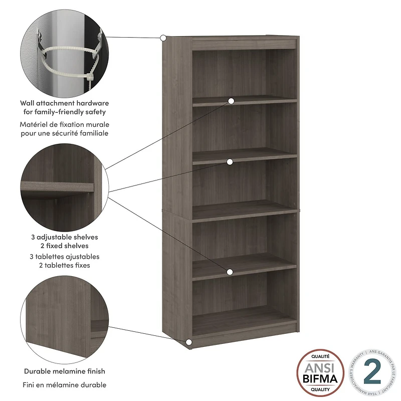 Bestar Ridgeley 30W 5 Shelf Bookcase in silver maple