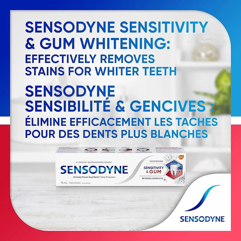 Dentifrice pour dents sensibles Sensodyne pour le soulagement de la sensibilité dentaire et l’amélioration de la santé des gencives, dentifrice au fluorure, blanchissant, 75 mL Blanchissant, 75 mL